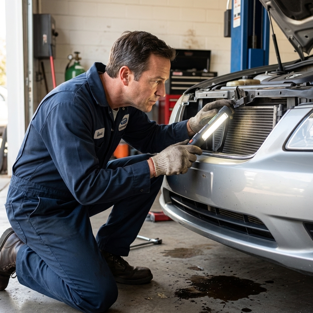 A mechanic inspecting the condenser fins through the front grille area of a car with a flashlight