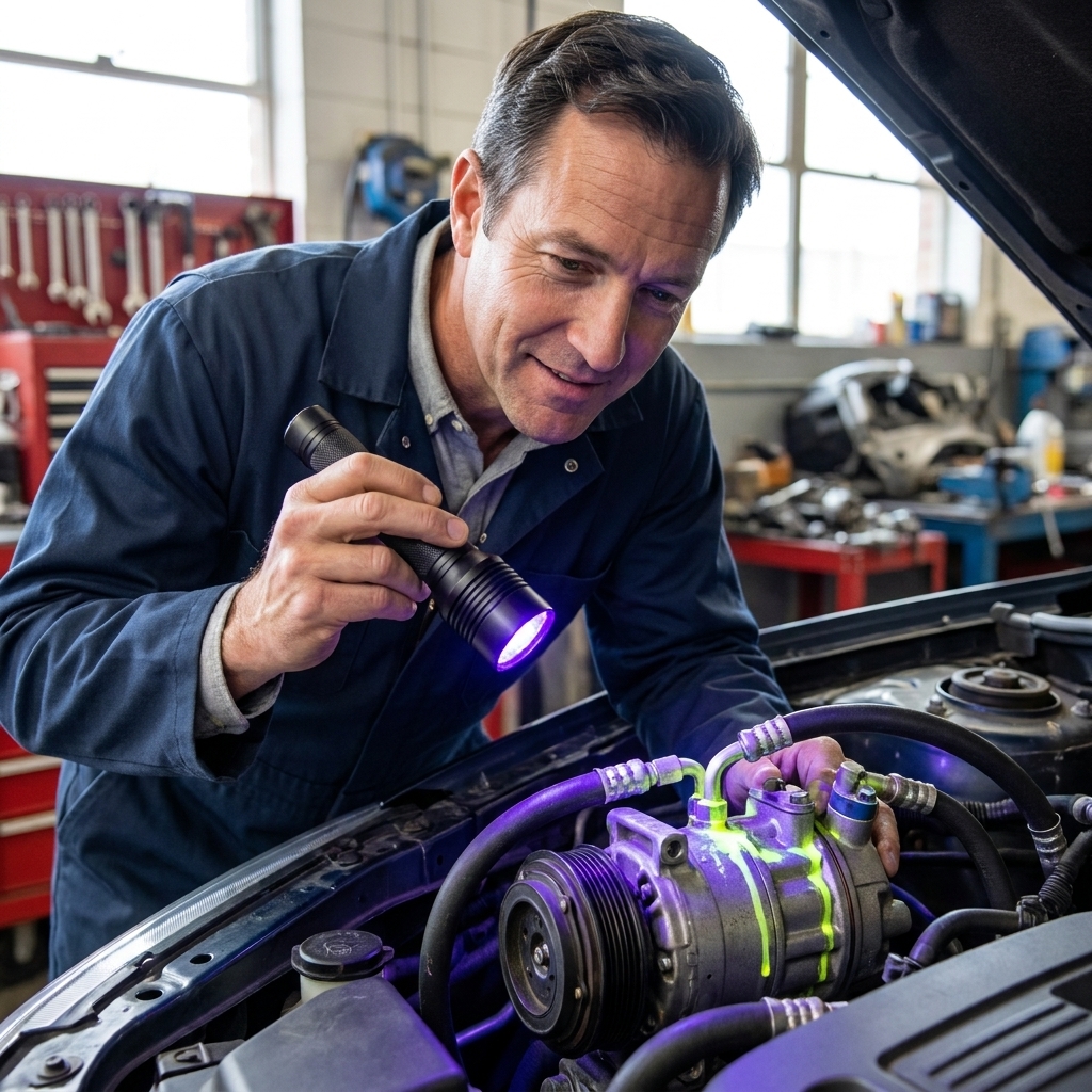 A mechanic shining a UV flashlight around an AC compressor and hose connections in an engine bay to look for fluorescent refrigerant dye