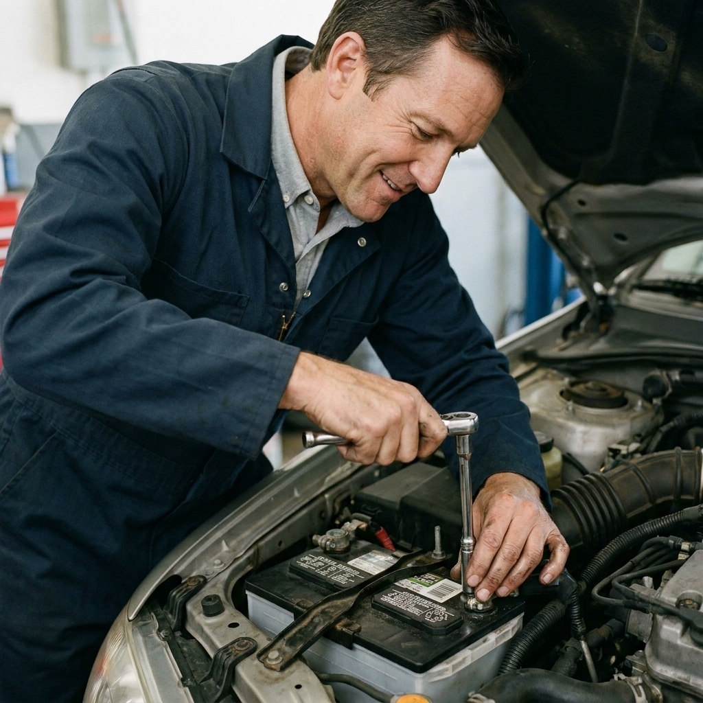 A mechanic tightening a car battery hold-down bracket with a socket wrench while the battery sits properly in the tray