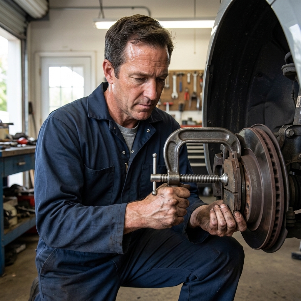 A mechanic using a C-clamp to slowly compress a brake caliper piston with an old brake pad placed against the piston face