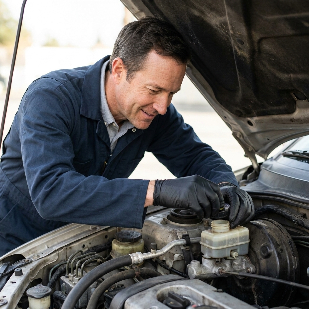 A mechanic’s gloved hand checking the brake fluid level in a master cylinder reservoir in the engine bay under an open hood