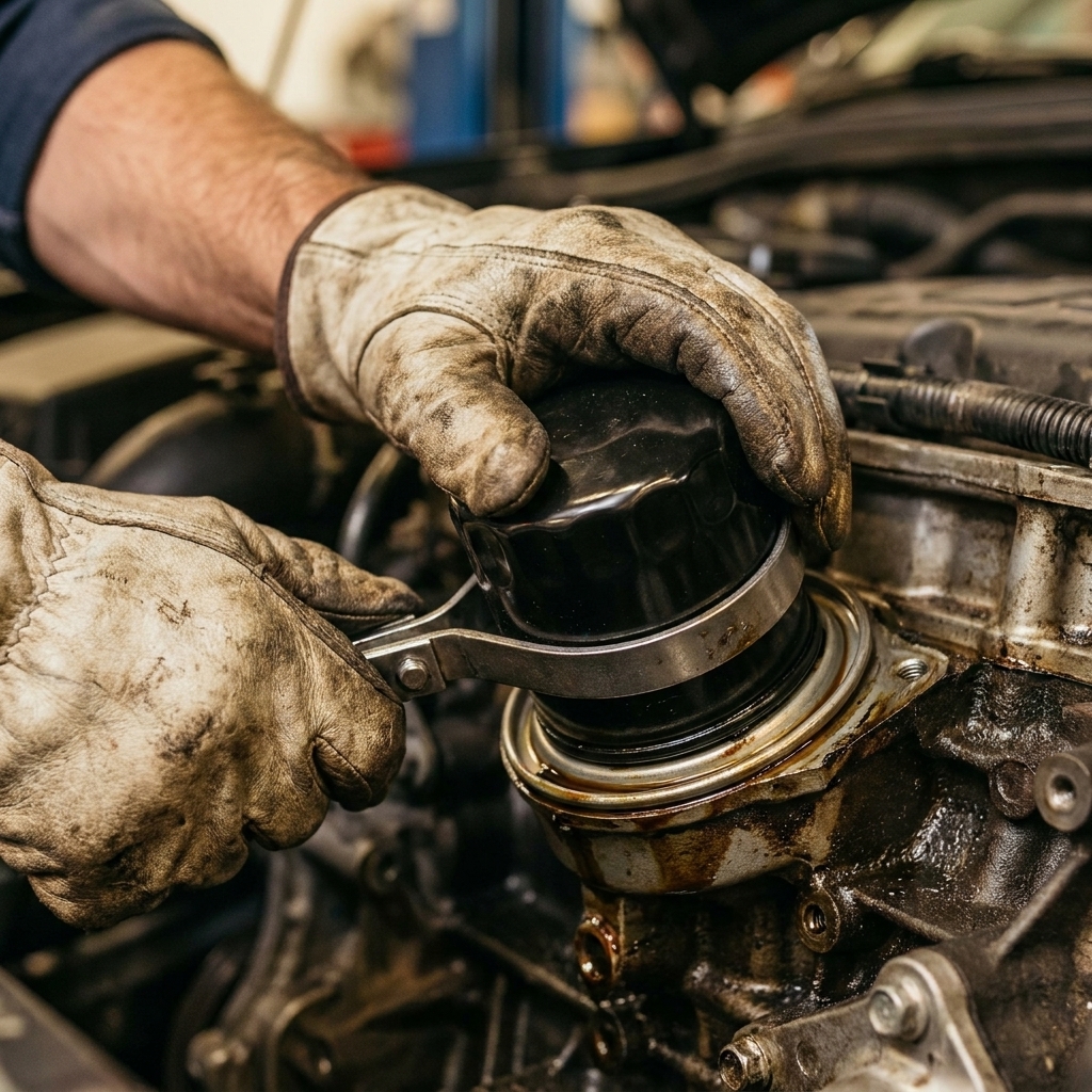 A mechanic's gloved hands loosening a black spin-on oil filter from the engine block with a strap-style oil filter wrench