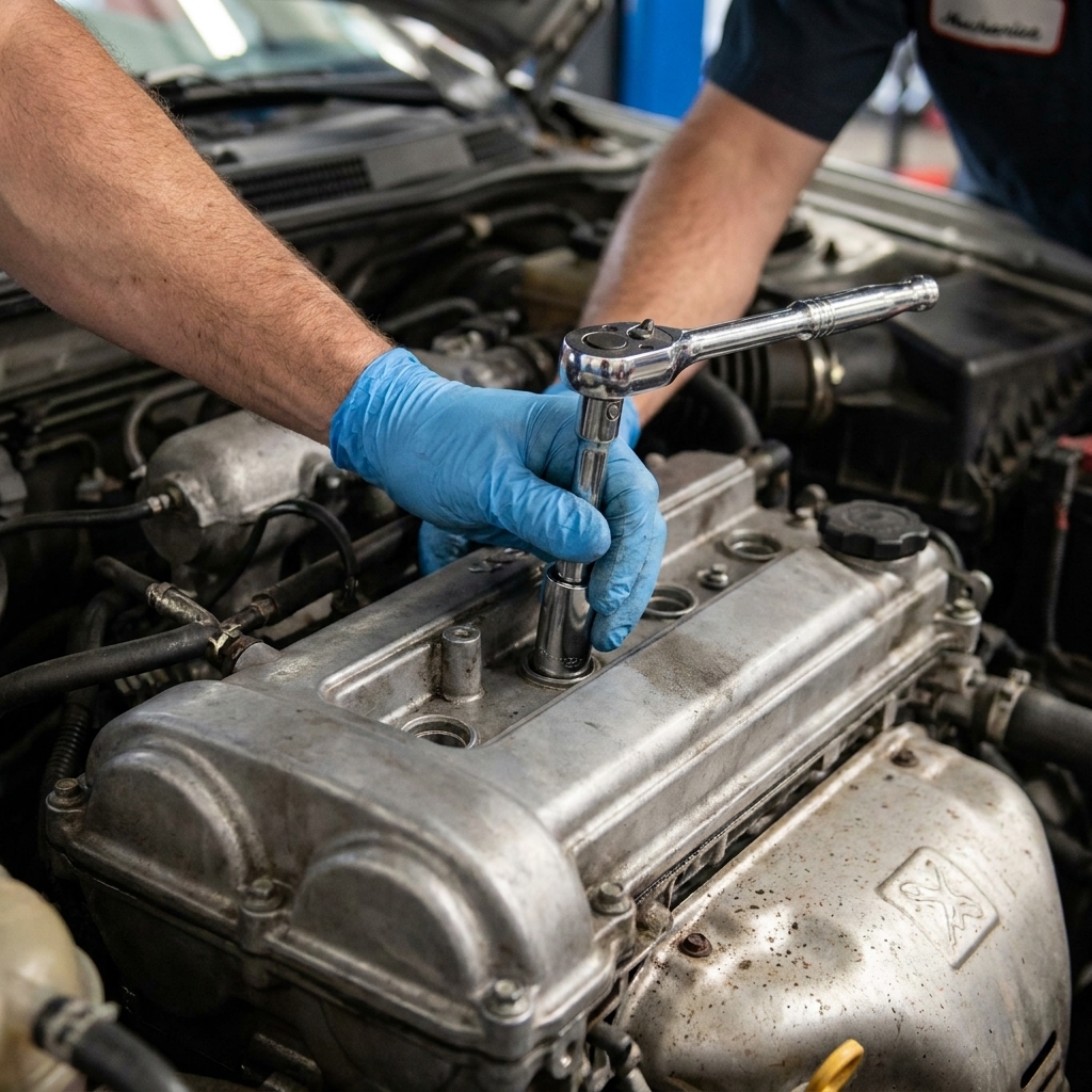 A mechanic’s hand using a spark plug socket and extension to remove a spark plug from an aluminum cylinder head