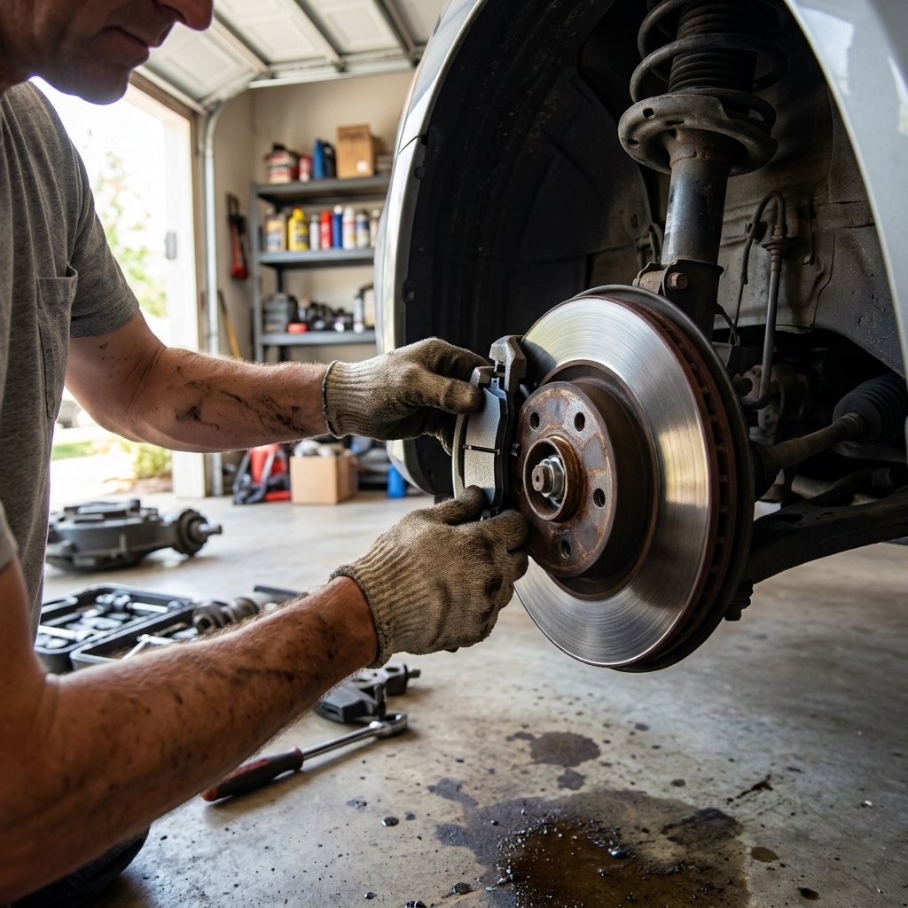 A mechanic’s hands installing new brake pads into a front caliper bracket with the wheel removed, photographed in a home garage