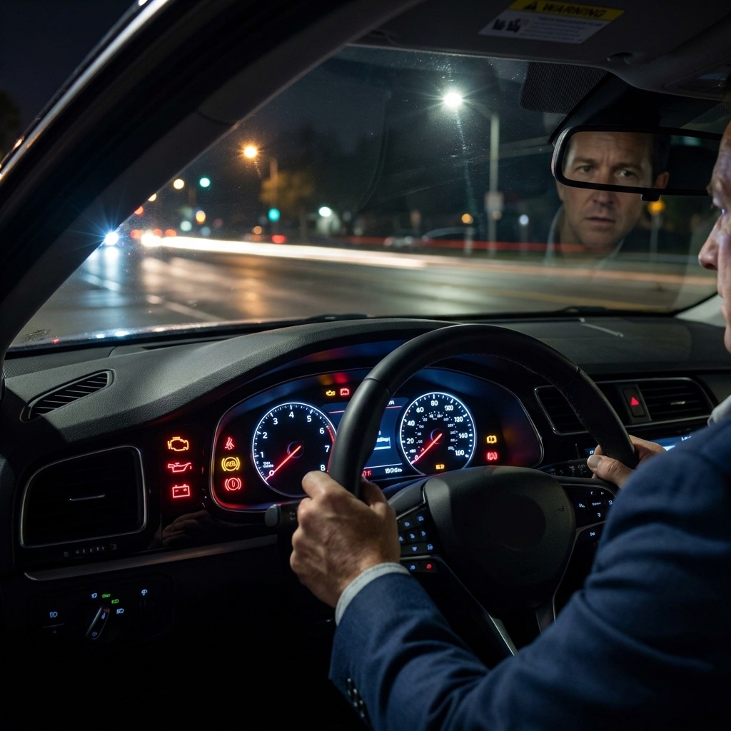 A modern car dashboard with several warning lights illuminated, including check engine, oil pressure, battery, ABS, and brake warning icons, photographed from the driver’s seat at night