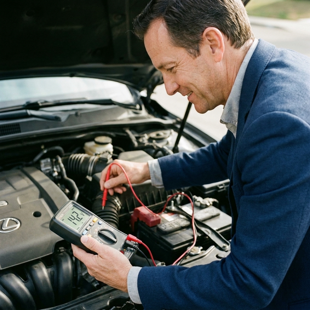 A multimeter display reading charging voltage while a car engine idles with the hood open