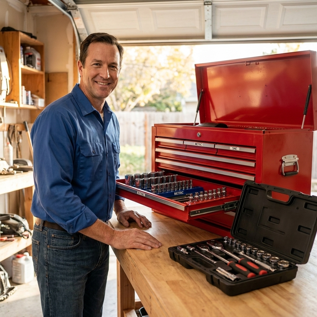 A neatly organized mechanic tool chest with labeled socket rails and a ratchet set laid out on a clean workbench in a home garage