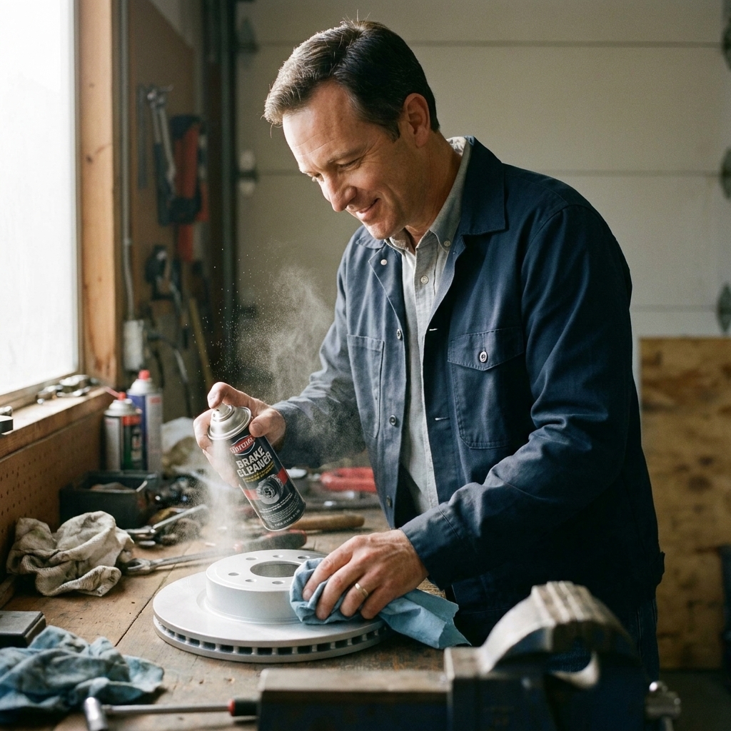 A new brake rotor on a workbench being sprayed with brake cleaner and wiped with a clean shop towel