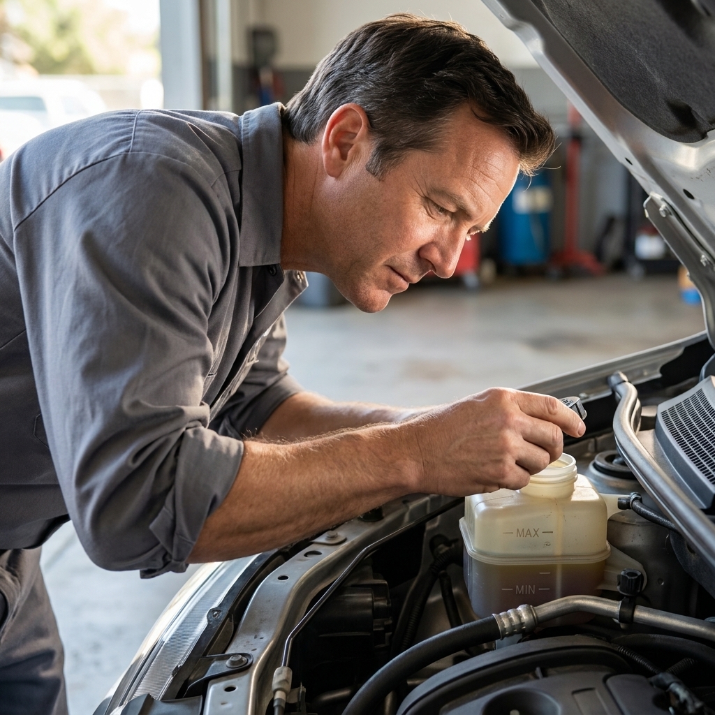 A person checking the brake fluid level in a translucent reservoir near the firewall with the hood open