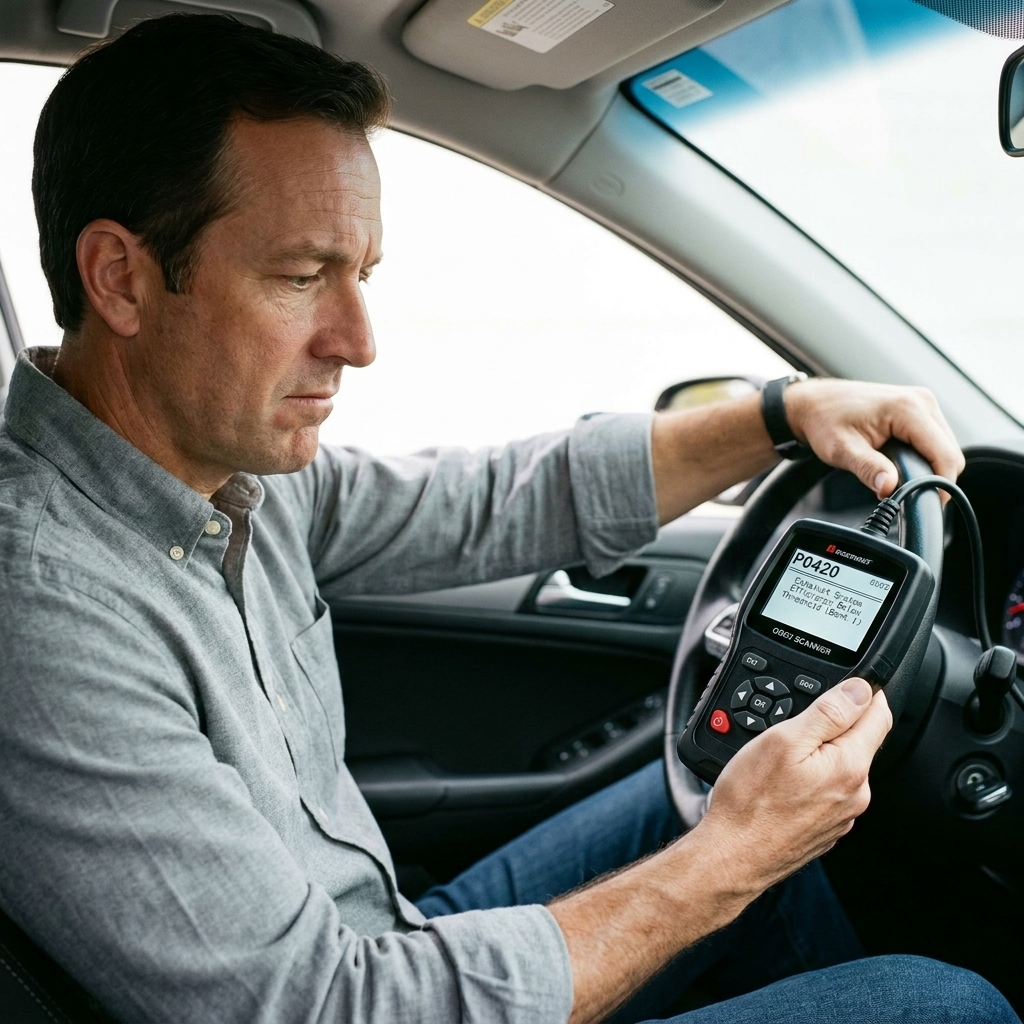 A person holding a handheld OBD2 scanner showing a diagnostic trouble code on its screen inside a car