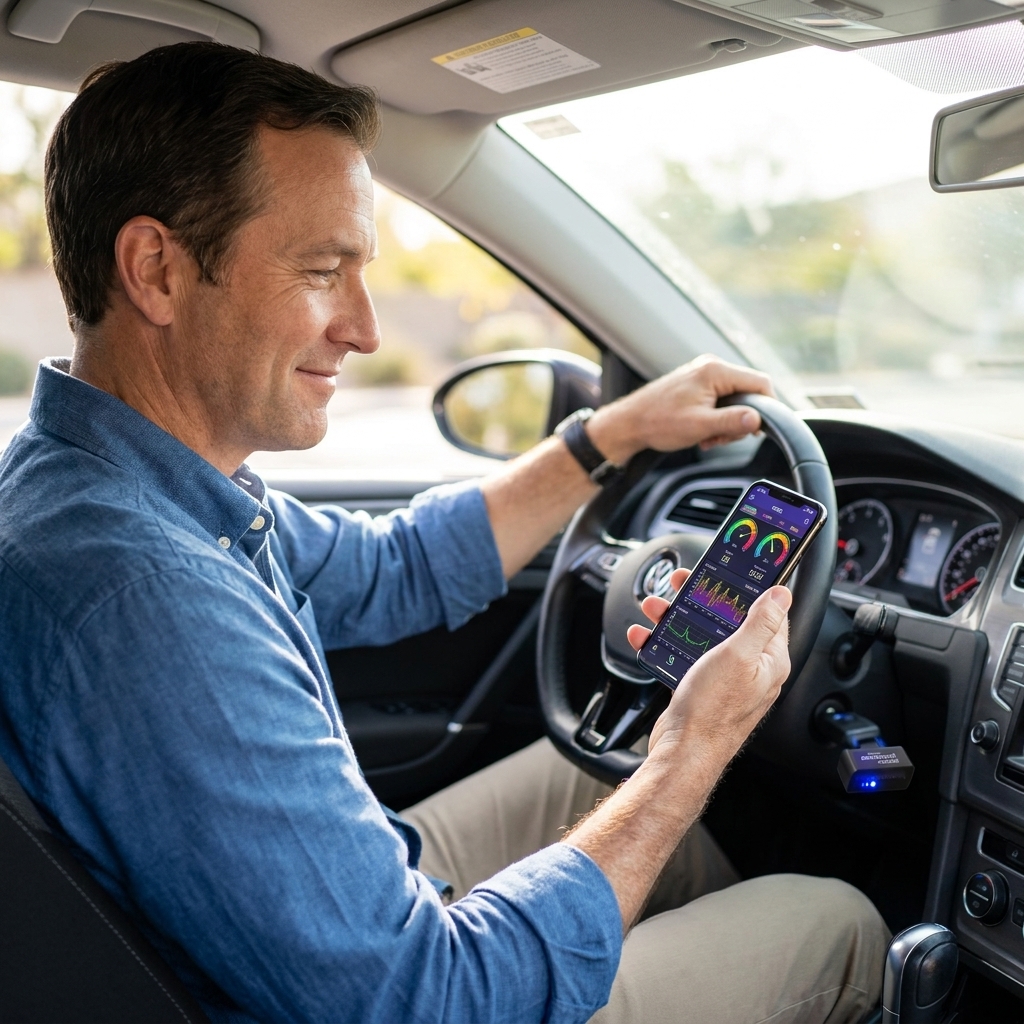 A person holding a smartphone running an OBD2 diagnostic app while a Bluetooth OBD2 adapter is plugged into the vehicle's diagnostic port