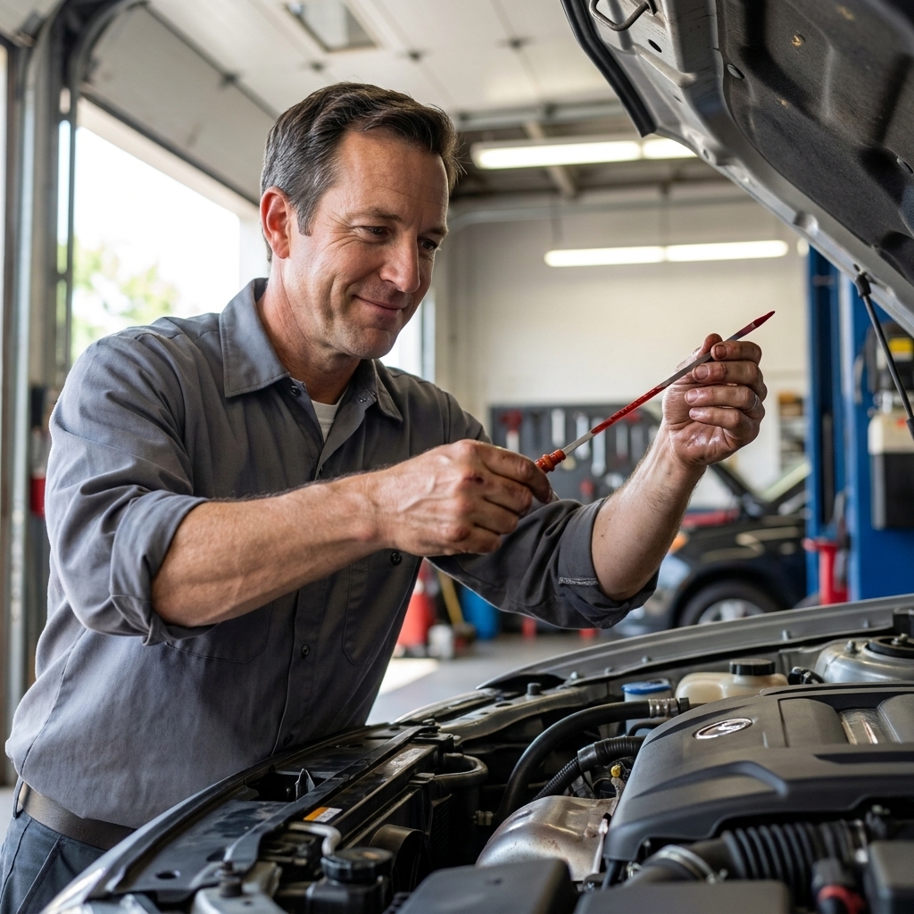 A person holding a transmission dipstick with fluid visible while standing over an open engine bay