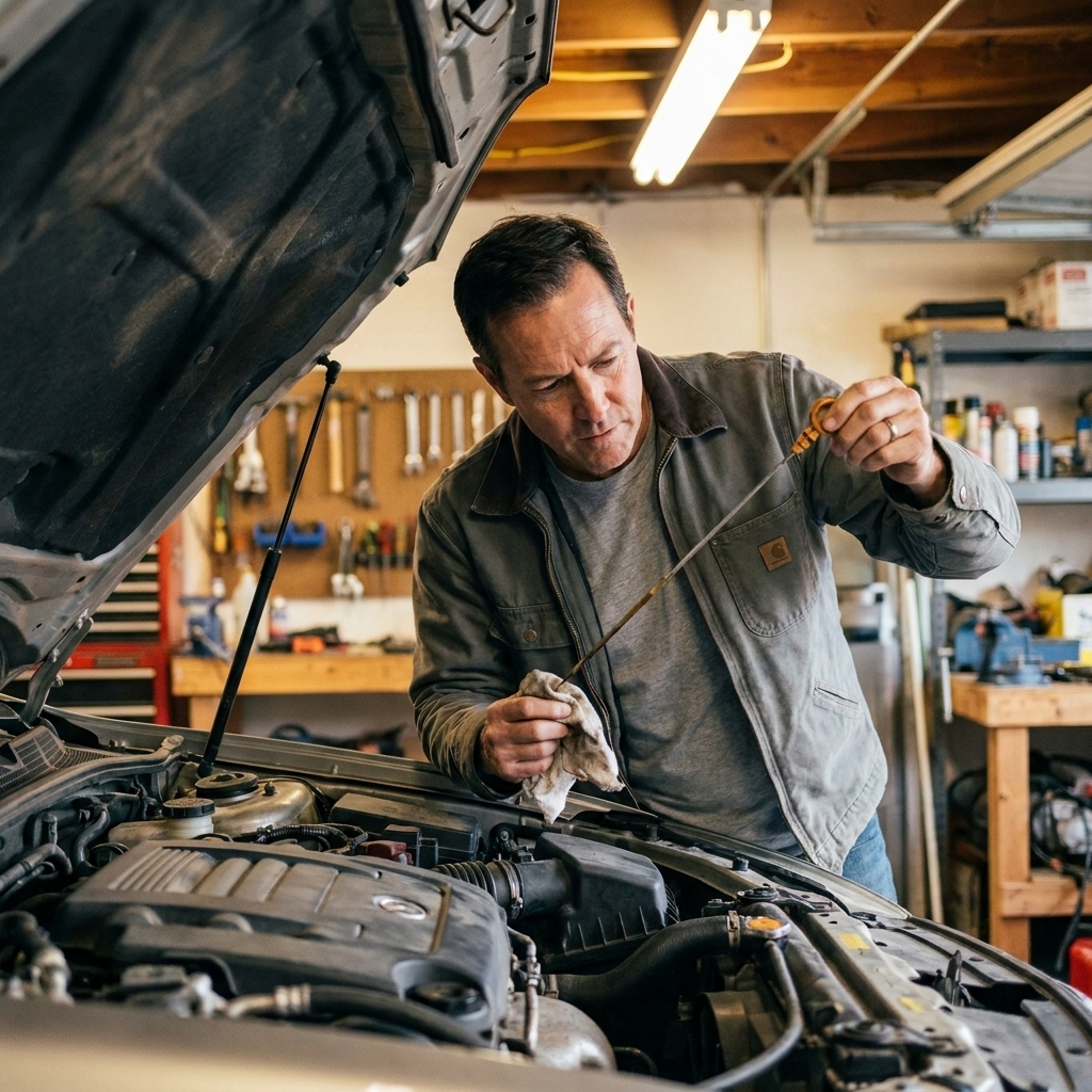 A person holding an engine oil dipstick over an open engine bay, inspecting the oil level with the hood raised in a home garage