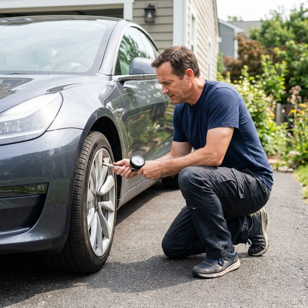 A person kneeling beside a car measuring tire pressure with a handheld gauge at the valve stem in a driveway