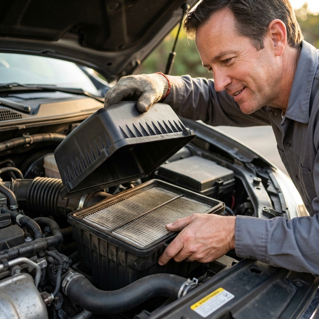 A person lifting the lid of a plastic air filter box in an engine bay to remove a rectangular engine air filter