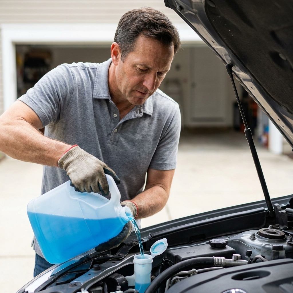 A person pouring blue windshield washer fluid into the washer reservoir under an open hood