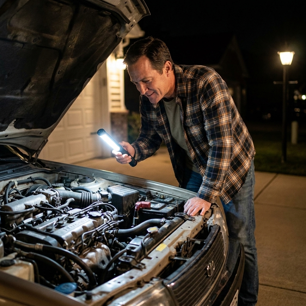 A person shining a flashlight into an open engine bay while the car is parked in a driveway