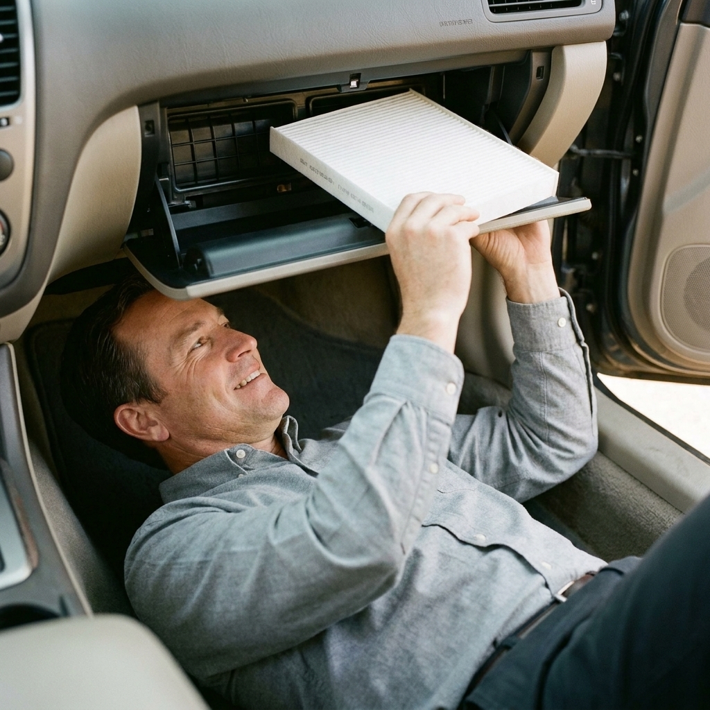 A person sliding a new cabin air filter into the HVAC slot behind the glove box under the dashboard
