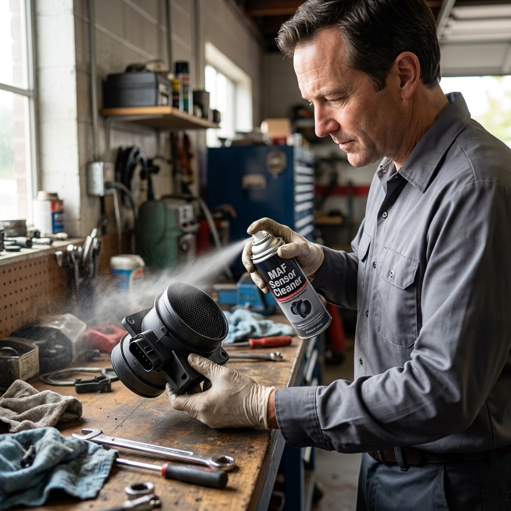 A person spraying MAF sensor cleaner onto a removed mass airflow sensor held over a workbench in a garage