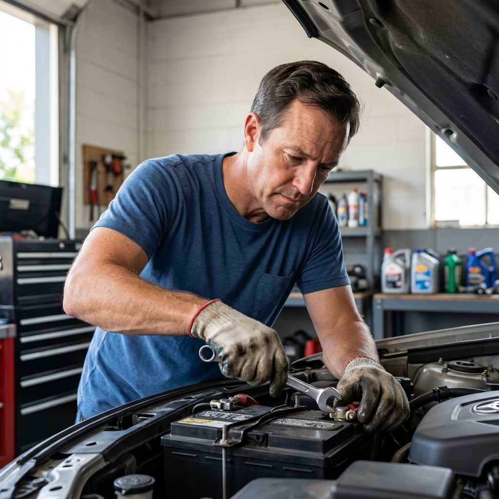 A person tightening a car battery terminal with a small wrench in a home garage with the hood open