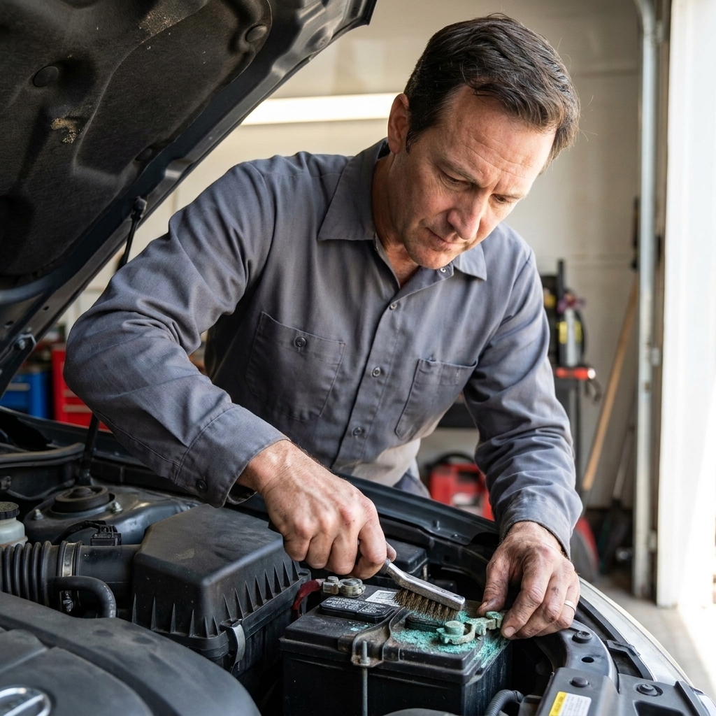 A person using a battery terminal brush to clean corrosion from a car battery terminal clamp under the hood