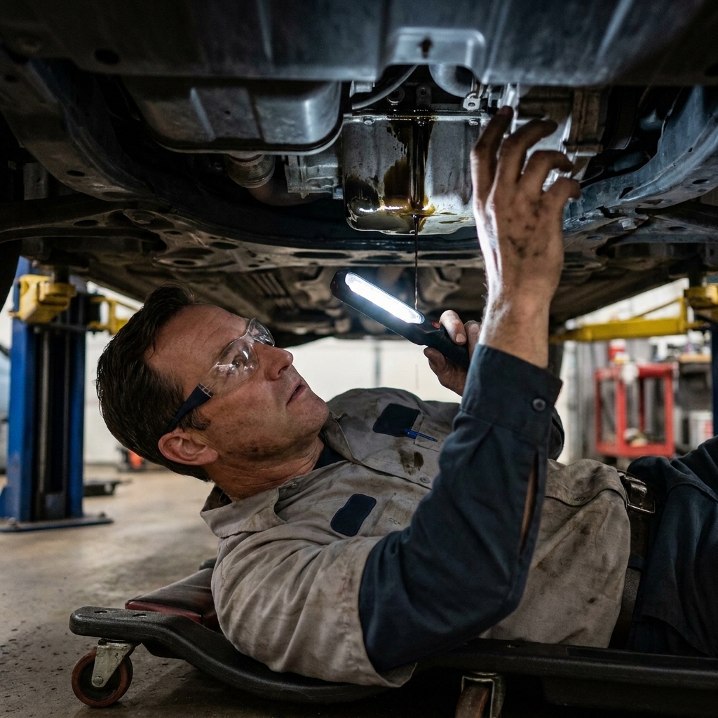 A person using a flashlight to inspect the underside of an engine for fresh fluid leaks while the car is safely raised