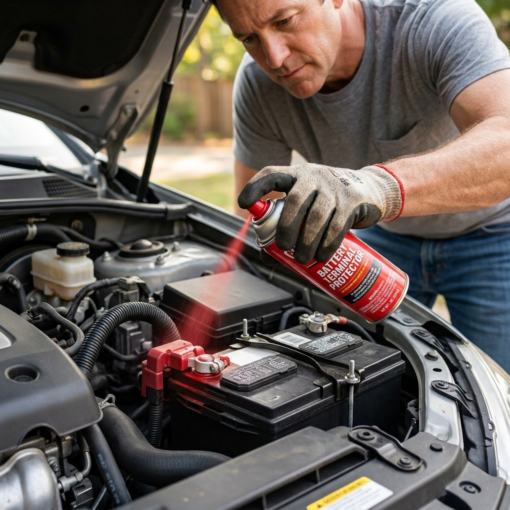 A person’s hand applying battery terminal protector spray to a clean battery terminal connection in an engine bay