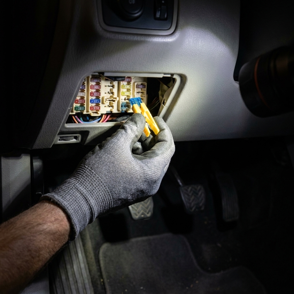 A person’s hand using a fuse puller to remove a small blade fuse from an interior fuse panel under the dashboard