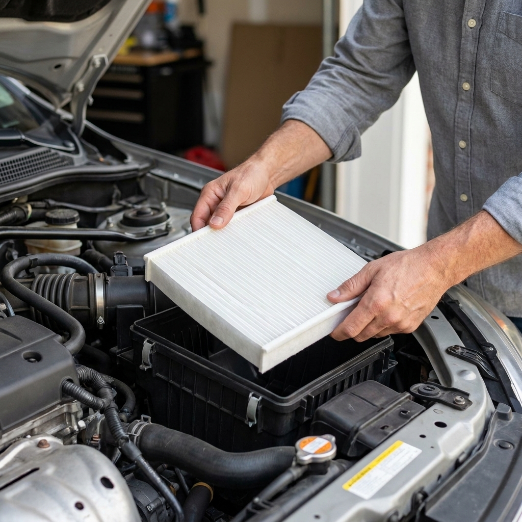 A person’s hands holding a new rectangular pleated engine air filter above an open airbox in a car engine bay