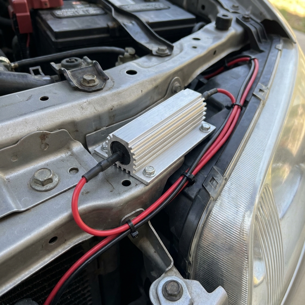 A photo of an aluminum-bodied-load resistor bolted to a metal support near a headlight area with wiring routed safely away