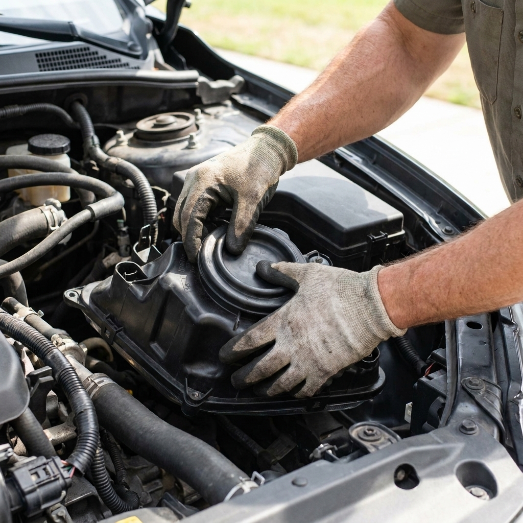 A photo of hands reinstalling a round rubber dust cap on the back of a headlight housing in the engine bay