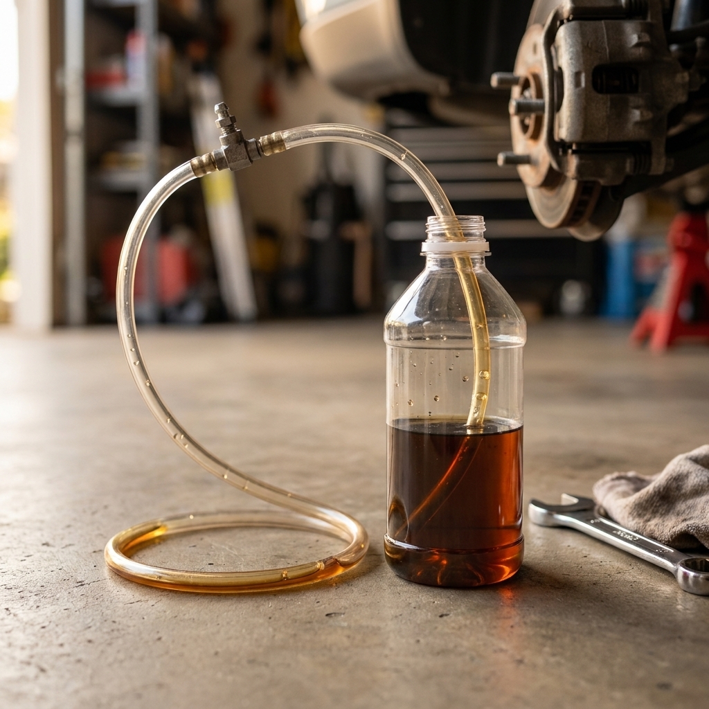 A photograph of a brake bleeding setup on a garage floor showing a clear hose running into a catch bottle partially filled with old brake fluid