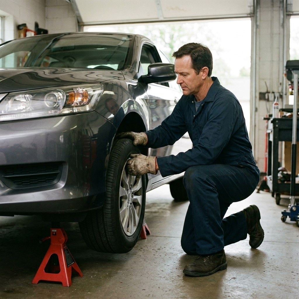 A photograph of a car safely supported on a jack stand while a person checks a front tire for looseness by hand