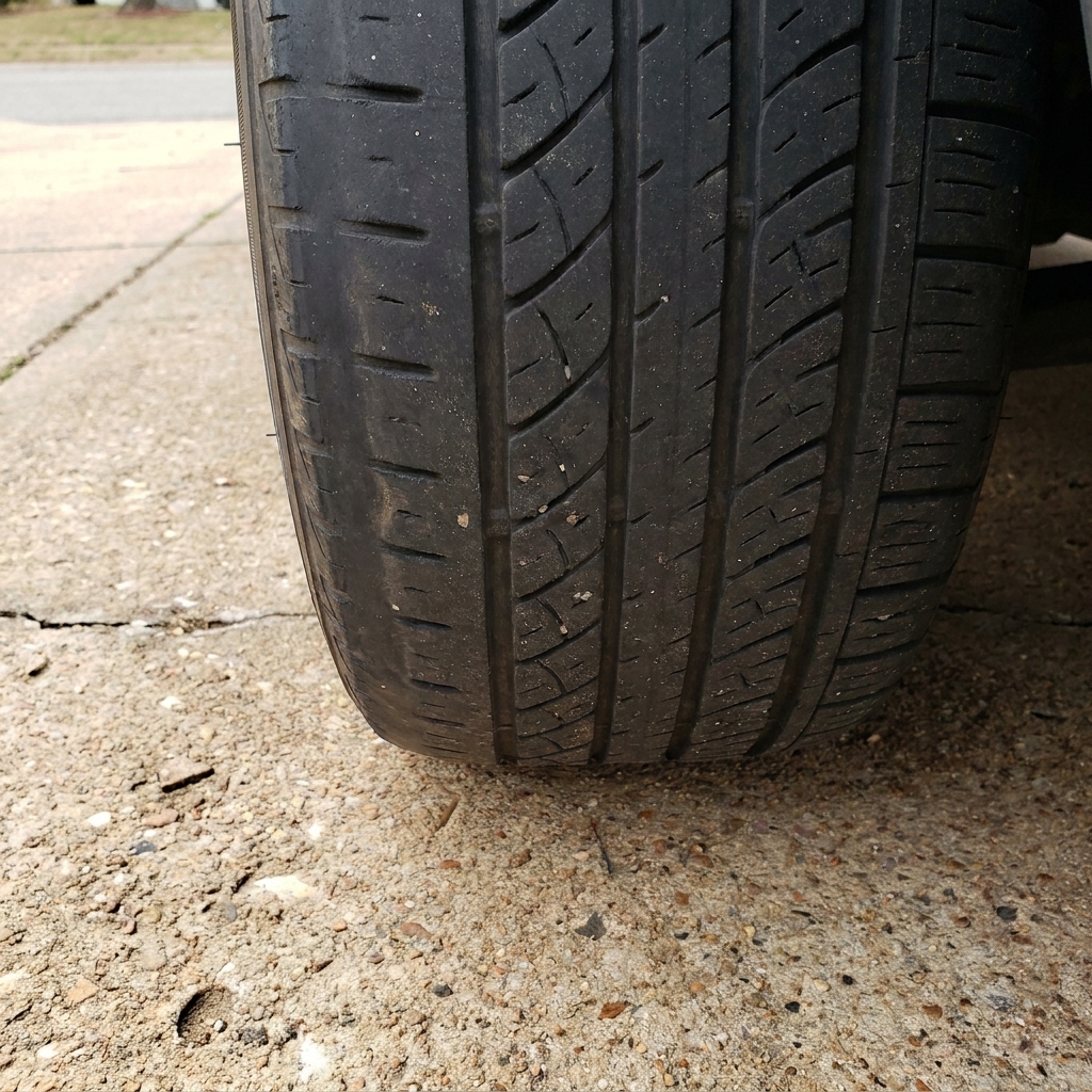 A photograph of a car tire tread on a driveway showing uneven wear across the tread blocks