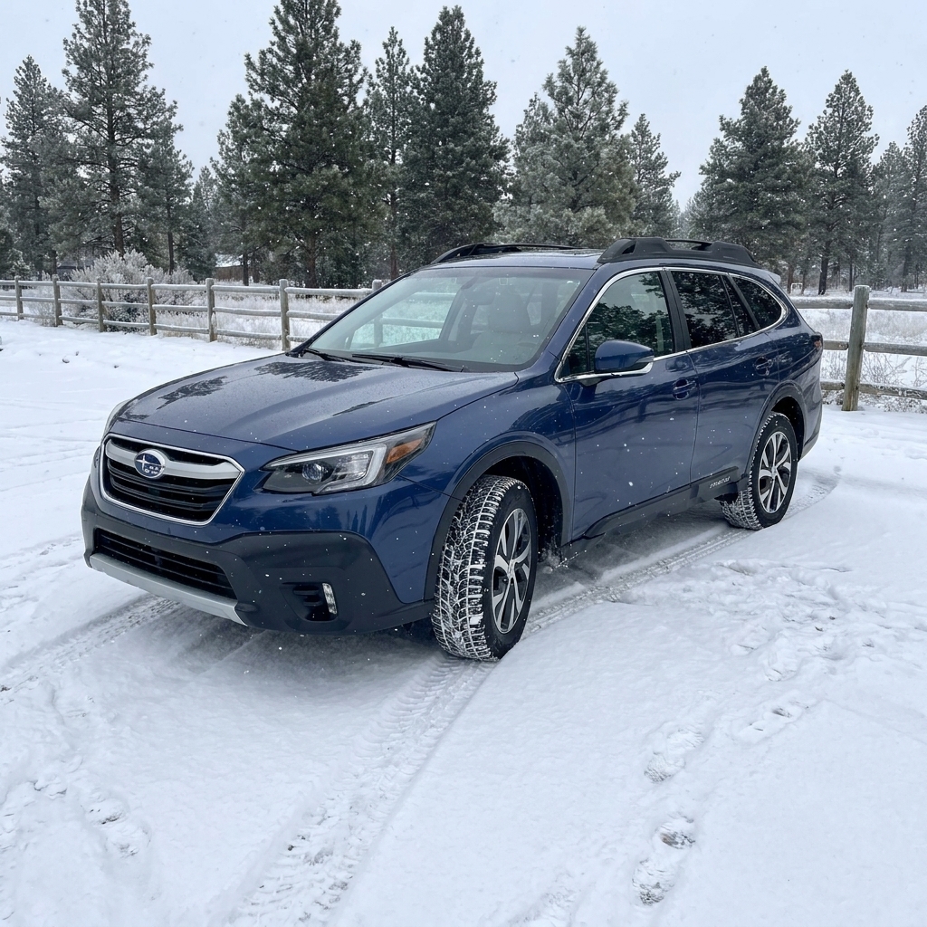 A photograph of a car with studless winter tires installed, parked in a snowy parking lot with packed snow on the ground