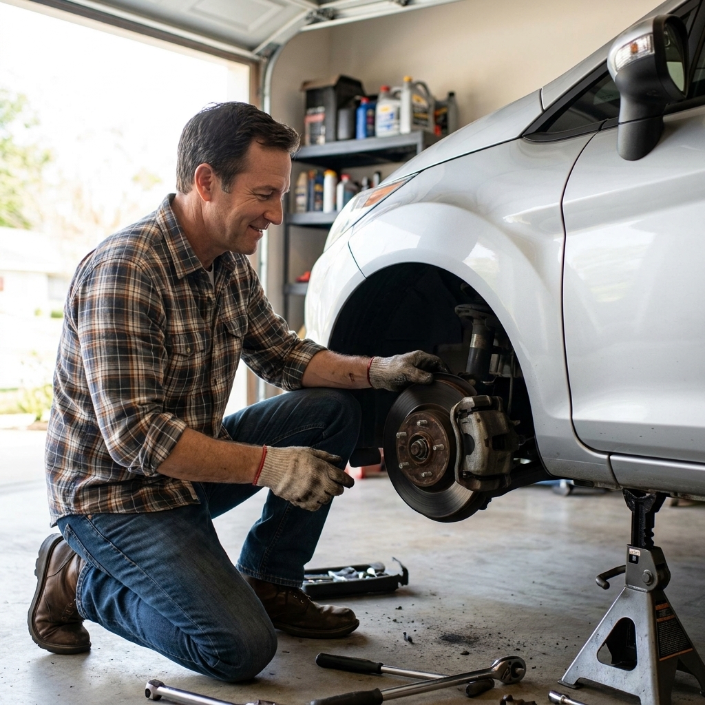 A photograph of a compact car safely supported on jack stands in a home garage with one wheel removed, exposing the brake caliper and rotor