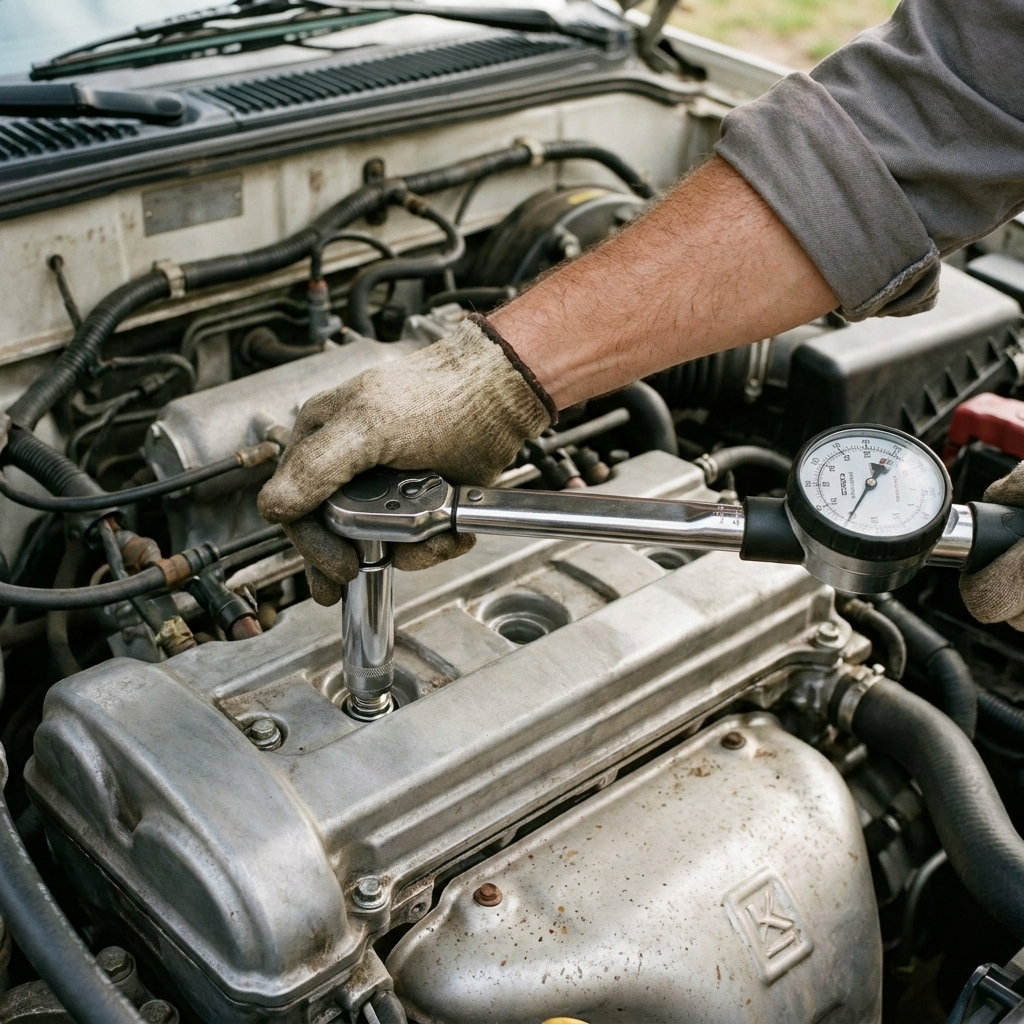 A photograph of a mechanic's hand using a torque wrench with a spark plug socket to tighten a spark plug on an aluminum cylinder head, engine bay visible