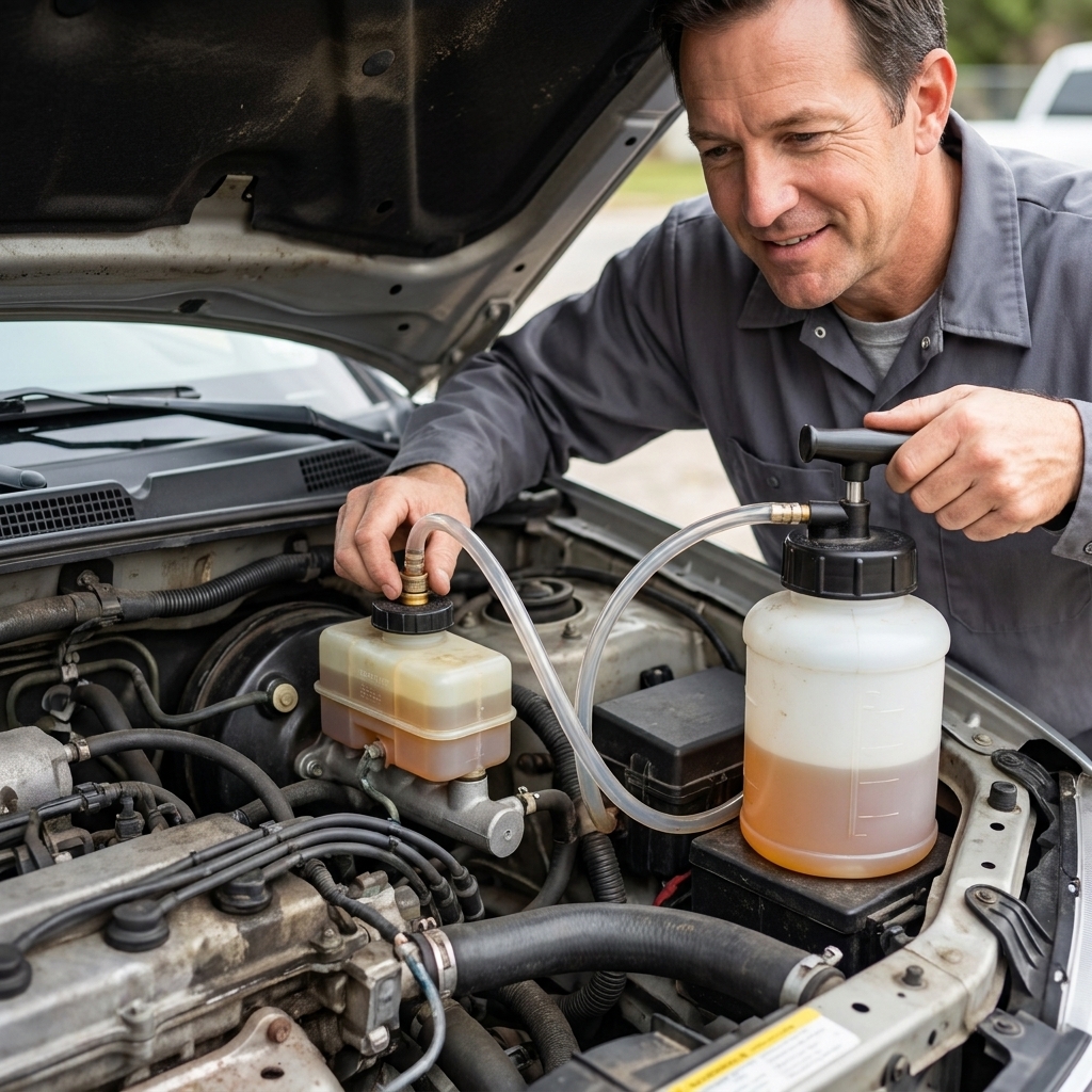 A photograph of a pressure brake bleeder attached to a car's brake fluid reservoir in an engine bay with the hose and cap adapter visible