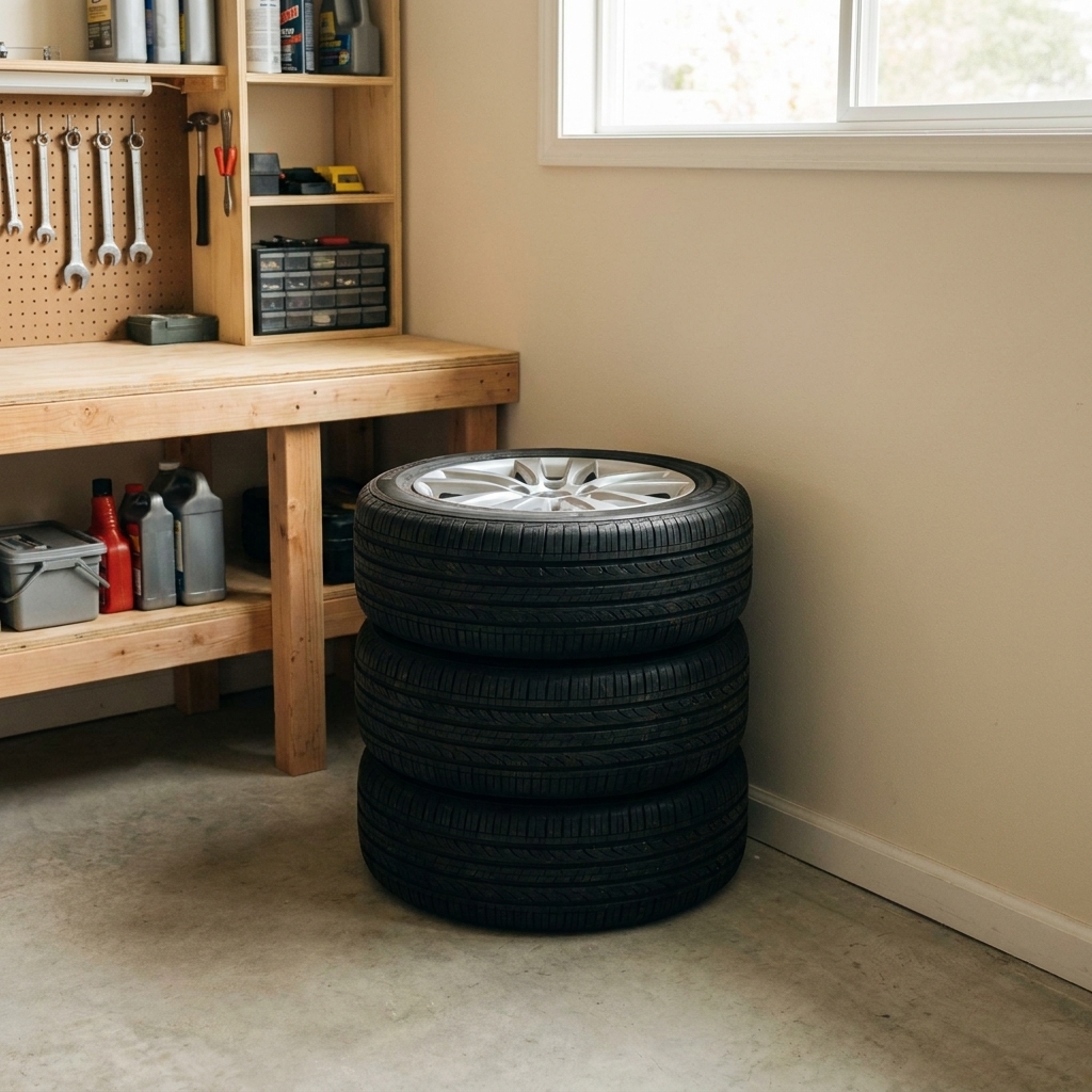 A photograph of four car tires stacked neatly in a clean garage corner next to a workbench