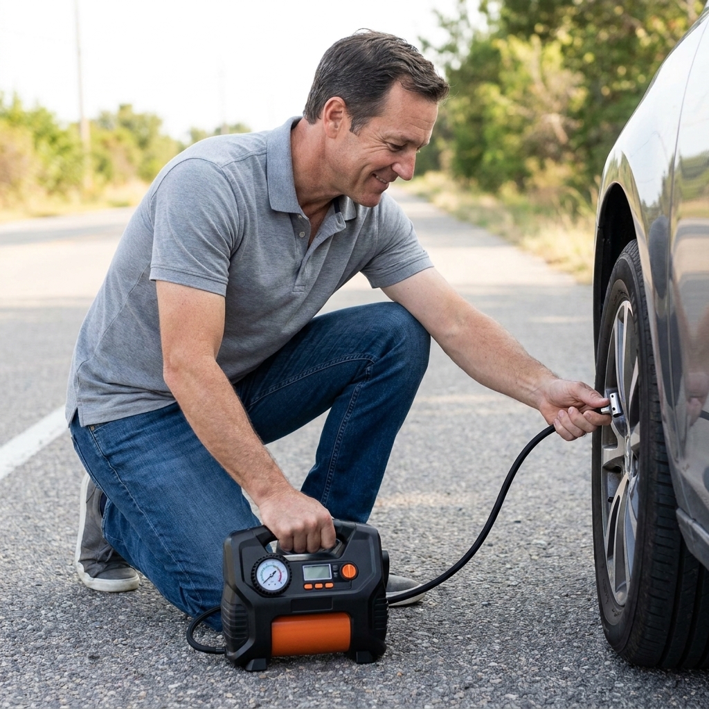 A portable 12V tire inflator connected to a car tire valve stem on the roadside in daylight, with the inflator resting on the pavement