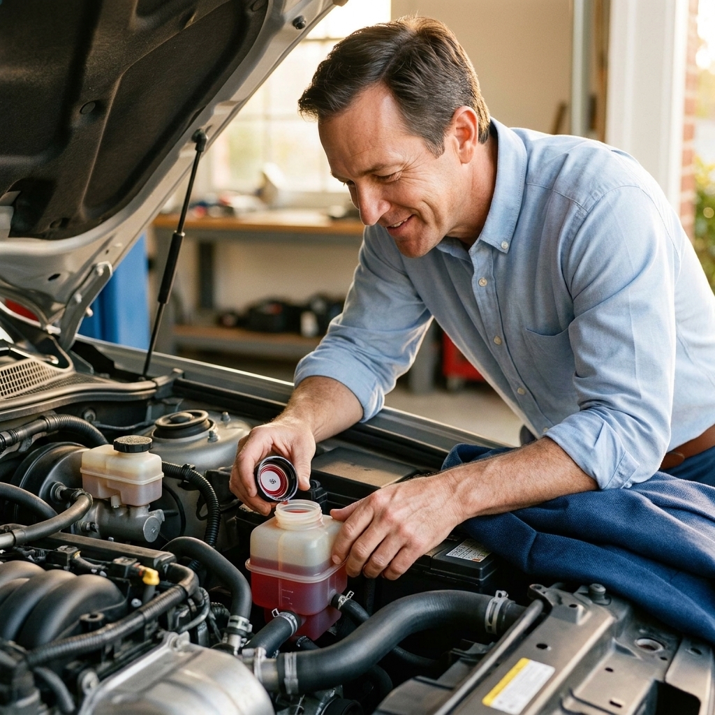 A power steering fluid reservoir in an engine bay with the cap removed and the fluid level visible