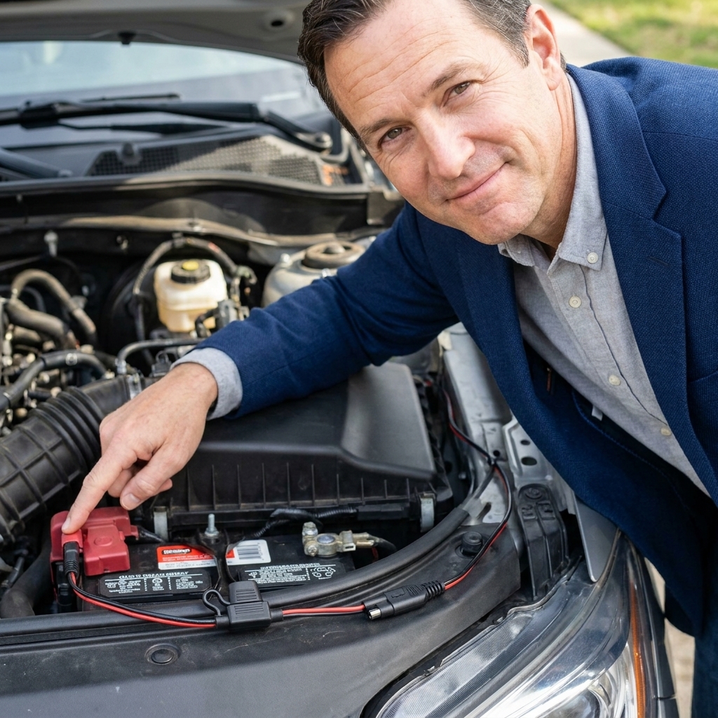 A quick-disconnect battery maintainer harness installed on a car battery, with the fused lead routed cleanly to the edge of the engine bay for easy access