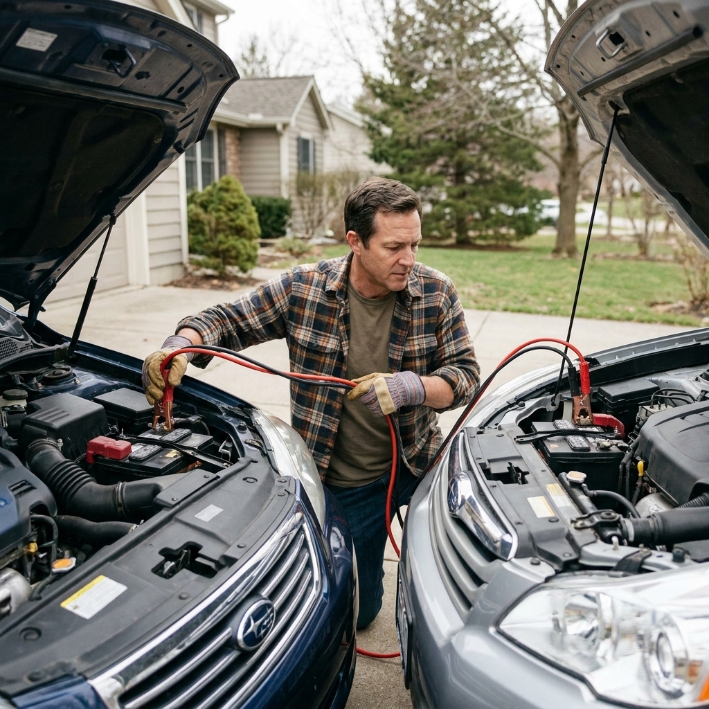 A real-life driveway scene with jumper cables laid out between two parked cars, both hoods open, with the batteries and terminals clearly visible