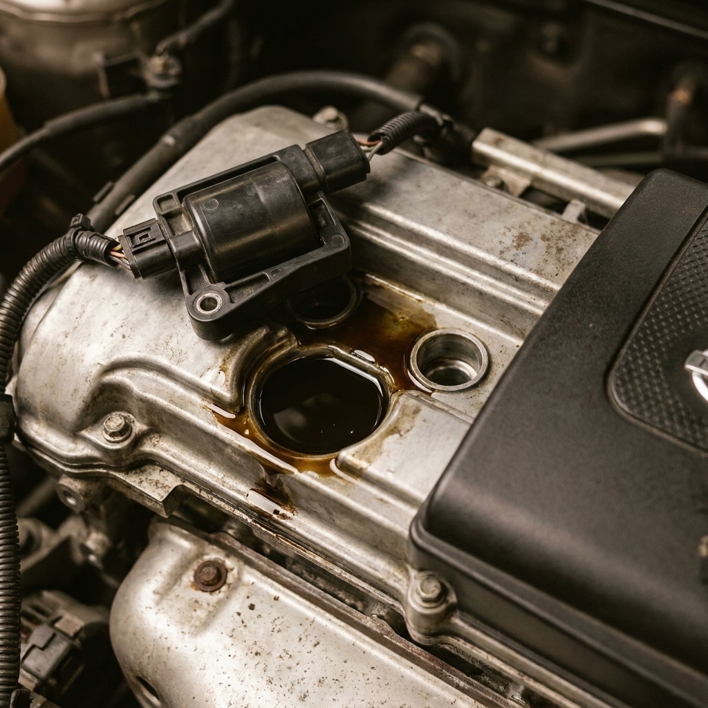 A real photo showing oil pooled in a spark plug well on an aluminum cylinder head, with a coil pack removed and the valve cover edge visible