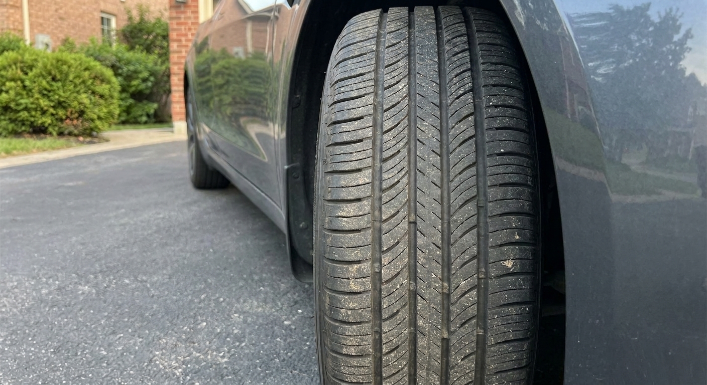 A real photograph of an all-season tire tread on a parked car in a residential driveway, showing moderate grooves and limited siping