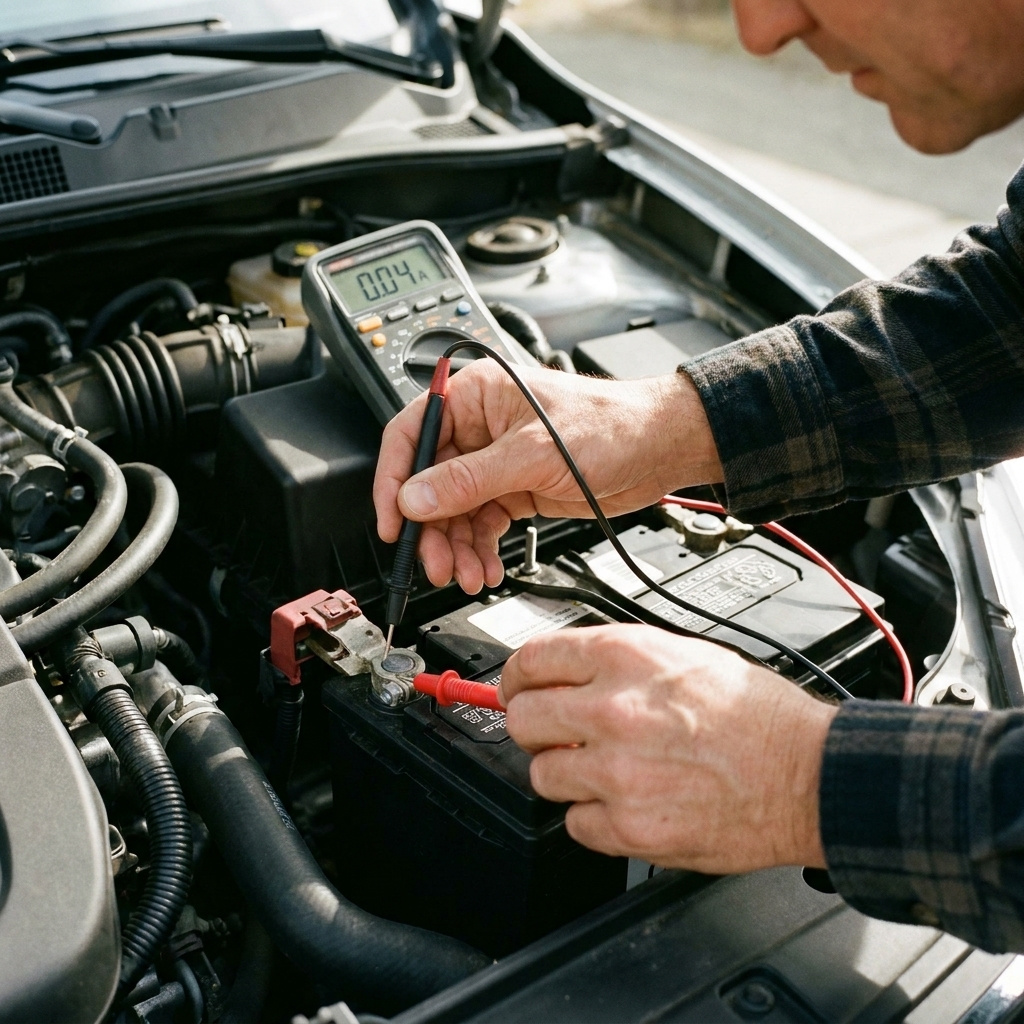 A real-world photo of hands connecting a multimeter in series between a car battery negative post and the negative cable clamp for a parasitic draw test