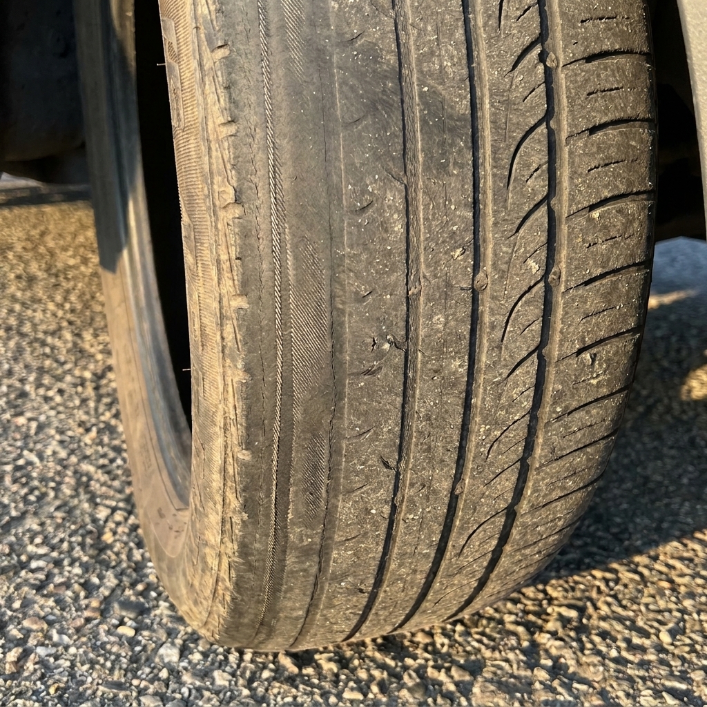 A real-world photograph of a worn car tire showing heavy wear on the inner shoulder while the outer tread remains deeper