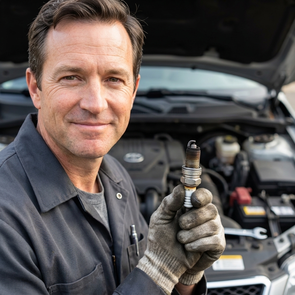 A removed spark plug held in a gloved hand in front of an open engine bay, showing a darkened electrode and light deposits