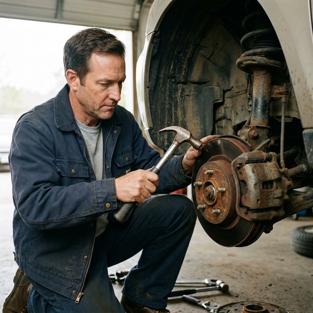 A rusty brake rotor being tapped at the rotor hat with a hammer to break it free from the hub
