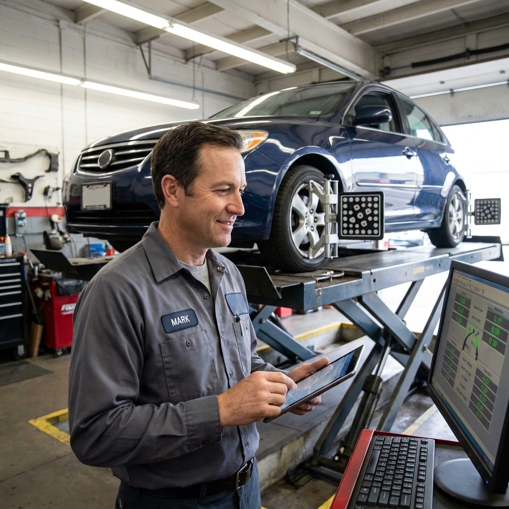 A sedan positioned on an alignment rack inside an auto shop with alignment targets mounted on the wheels